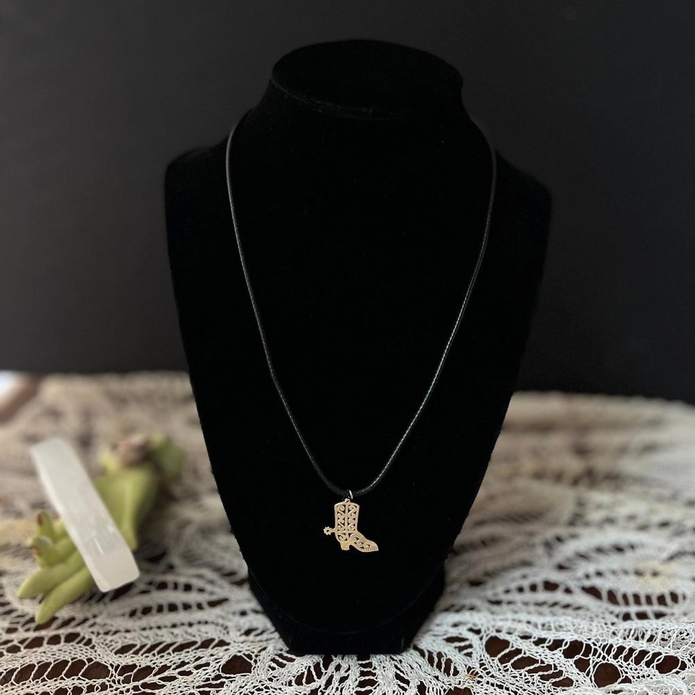 Handmade Upcycled Cowboy Boot Pendant Necklace - Gold Black Cord Jewelry